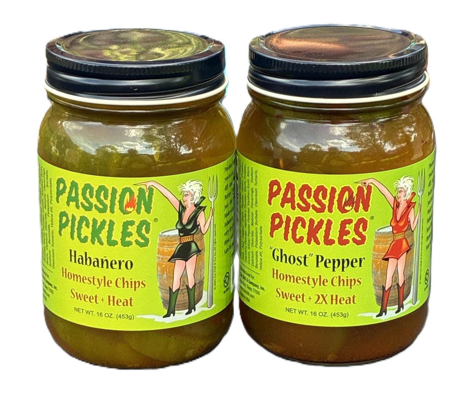 PASSION PICKLES ... HABANERO AND GHOST FLAVORS
Passion Pickles® are like no pickles you've ever had before.
They're not dill and they're not Bread and Butter.
They're a little sweet with just the right amount of heat.
The Habanero ones are made with Cin Chili's Hell's Passion Hot Sauce.
The Ghost flavored ones have that plus, Bhut Jolokia "GHOST" powder thrown in for extra heat!
From the very first bite...your passion for these pickles will be irresistible!
Save the Juice!
